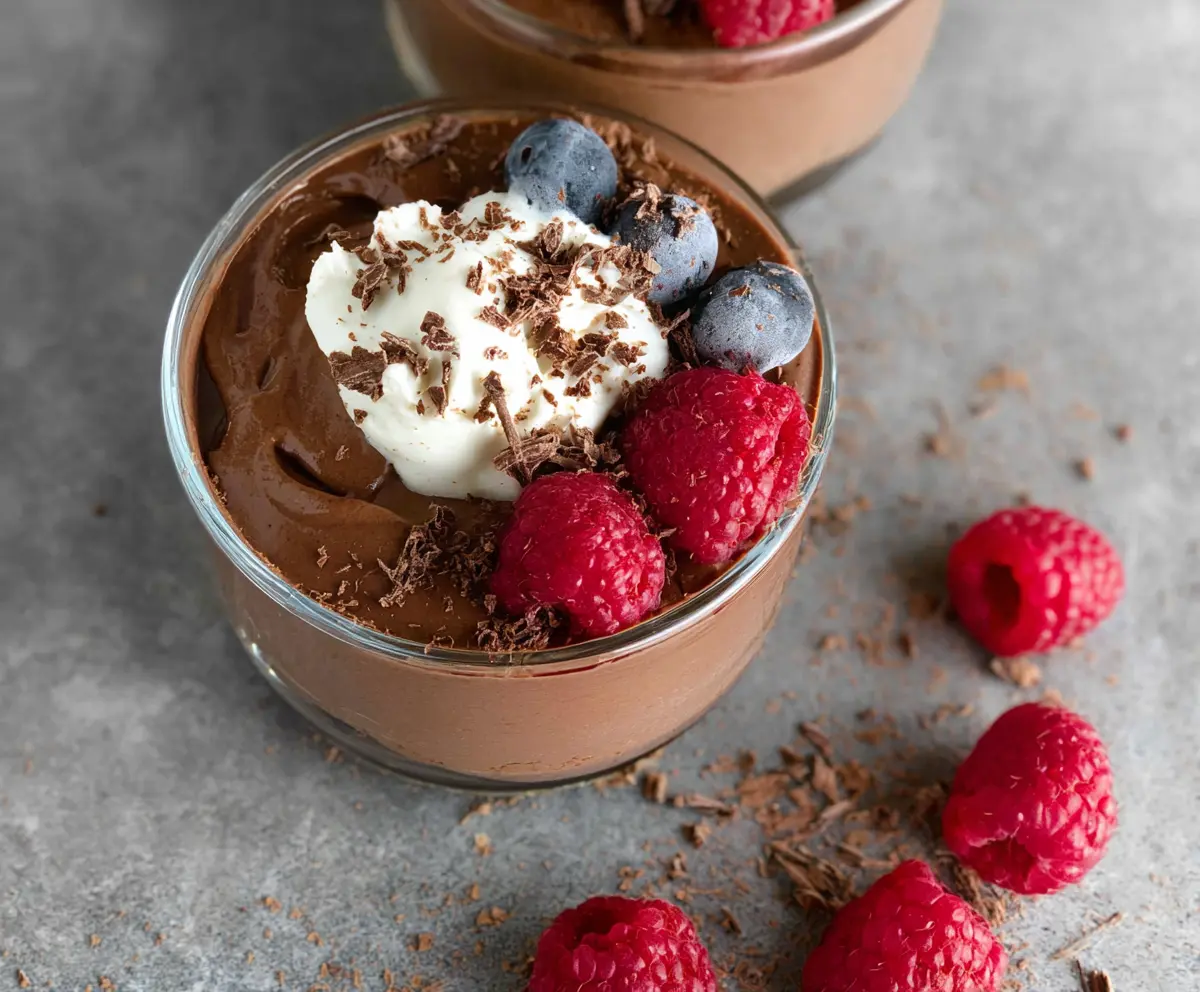 Creamy chocolate protein pudding in a glass bowl, topped with cocoa powder and chocolate shavings.