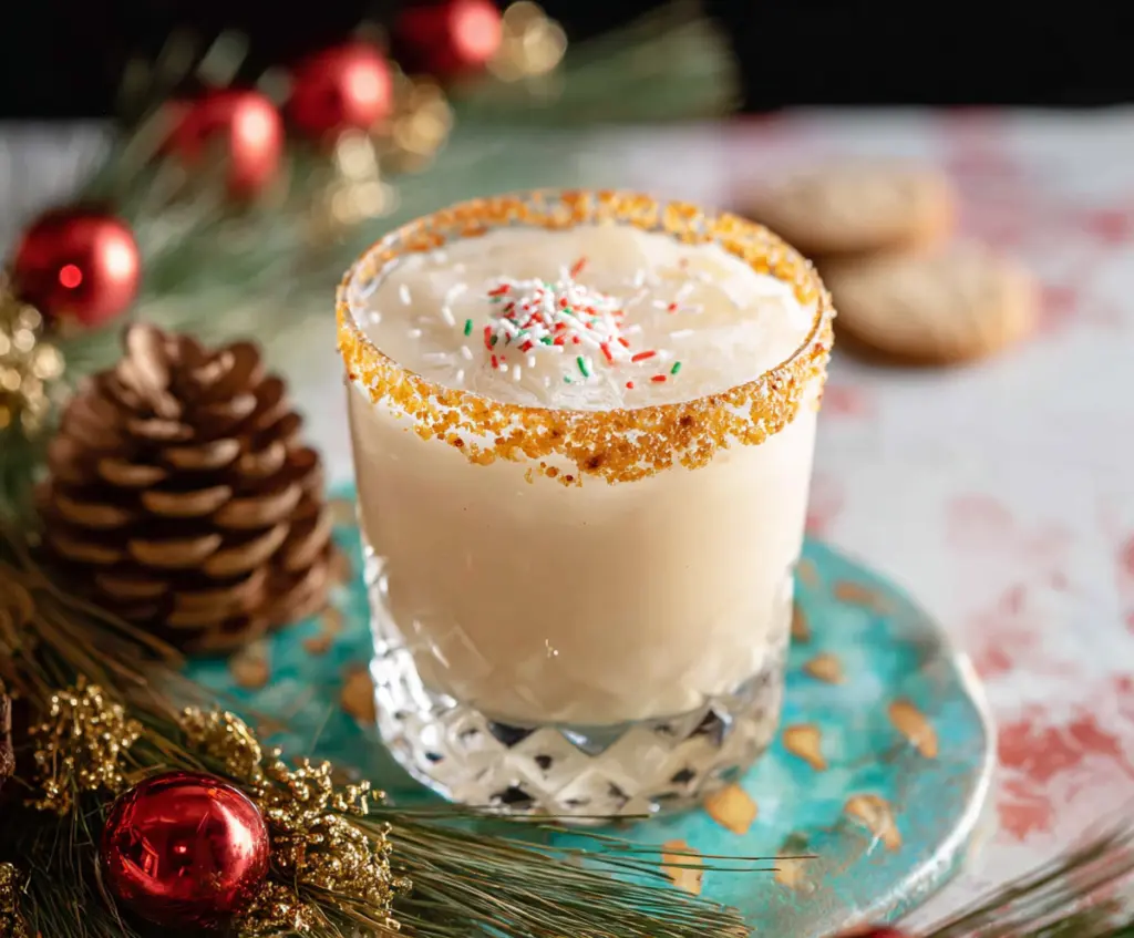 Festive Christmas Cookie Cocktail served in a decorative glass with sprinkles and a candy cane garnish
