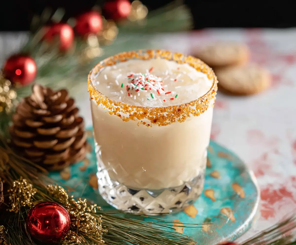 Festive Christmas Cookie Cocktail served in a decorative glass with sprinkles and a candy cane garnish