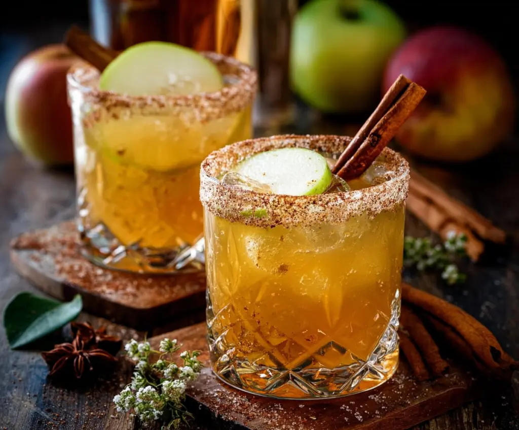 Refreshing Cinnamon Apple Cider Margarita in a cocktail glass with cinnamon stick and apple slices