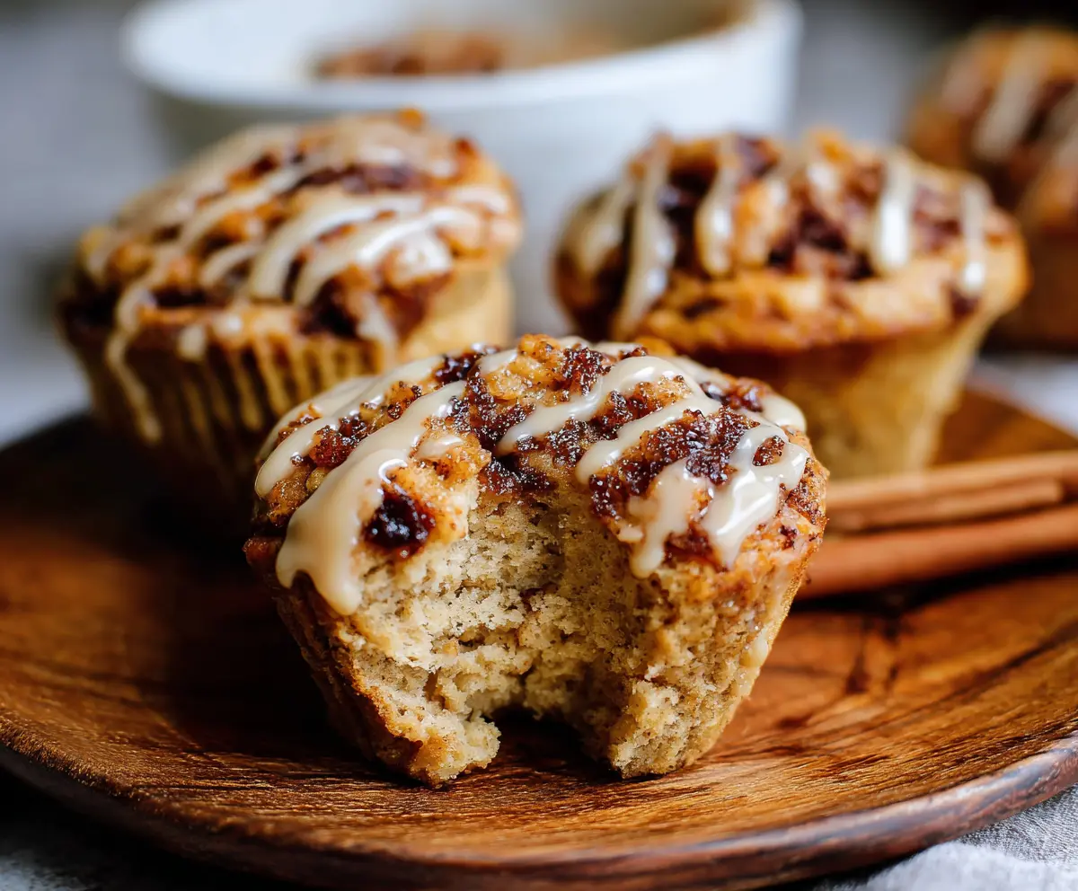 Healthy cinnamon roll protein muffins topped with icing, perfect for a nutritious breakfast or snack.