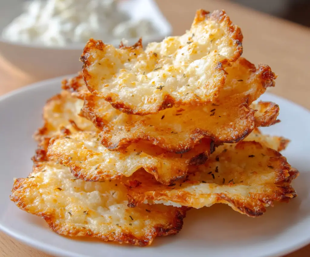Cottage Cheese Chips served with fresh herbs on a rustic wooden table.