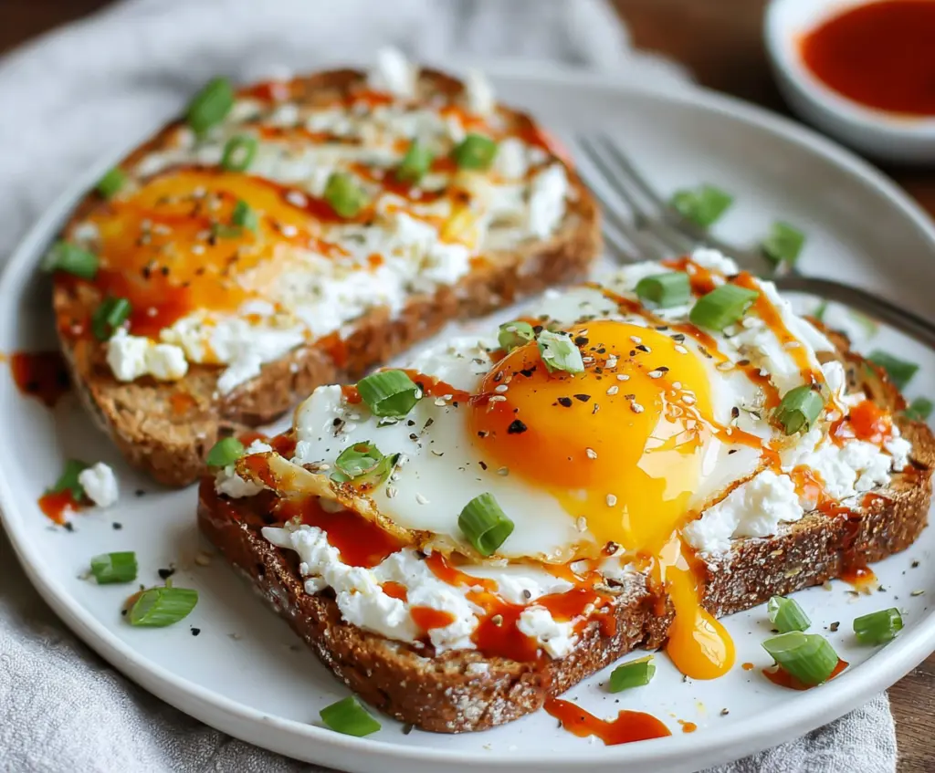 Delicious cottage cheese, egg, and sriracha protein toast served on a white plate for a healthy breakfast.