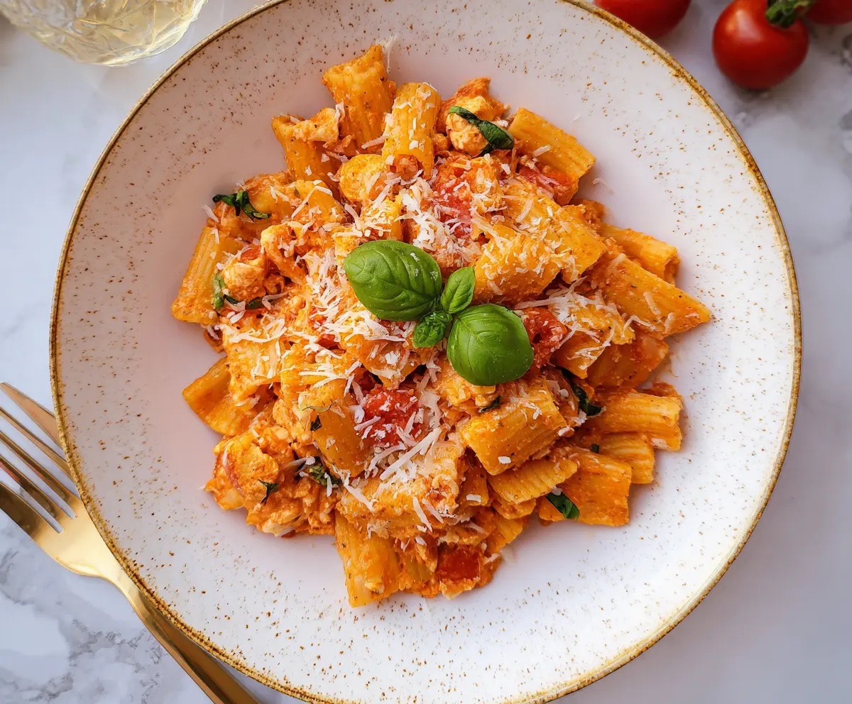 Creamy cottage cheese and fresh tomato pasta dish served on a plate.