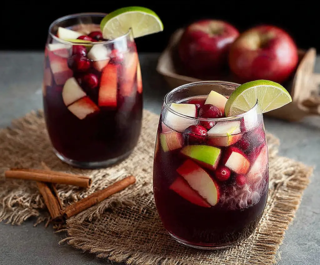 Refreshing Cranberry Apple Cider Sangria served in a glass with fresh cranberries and apple slices.