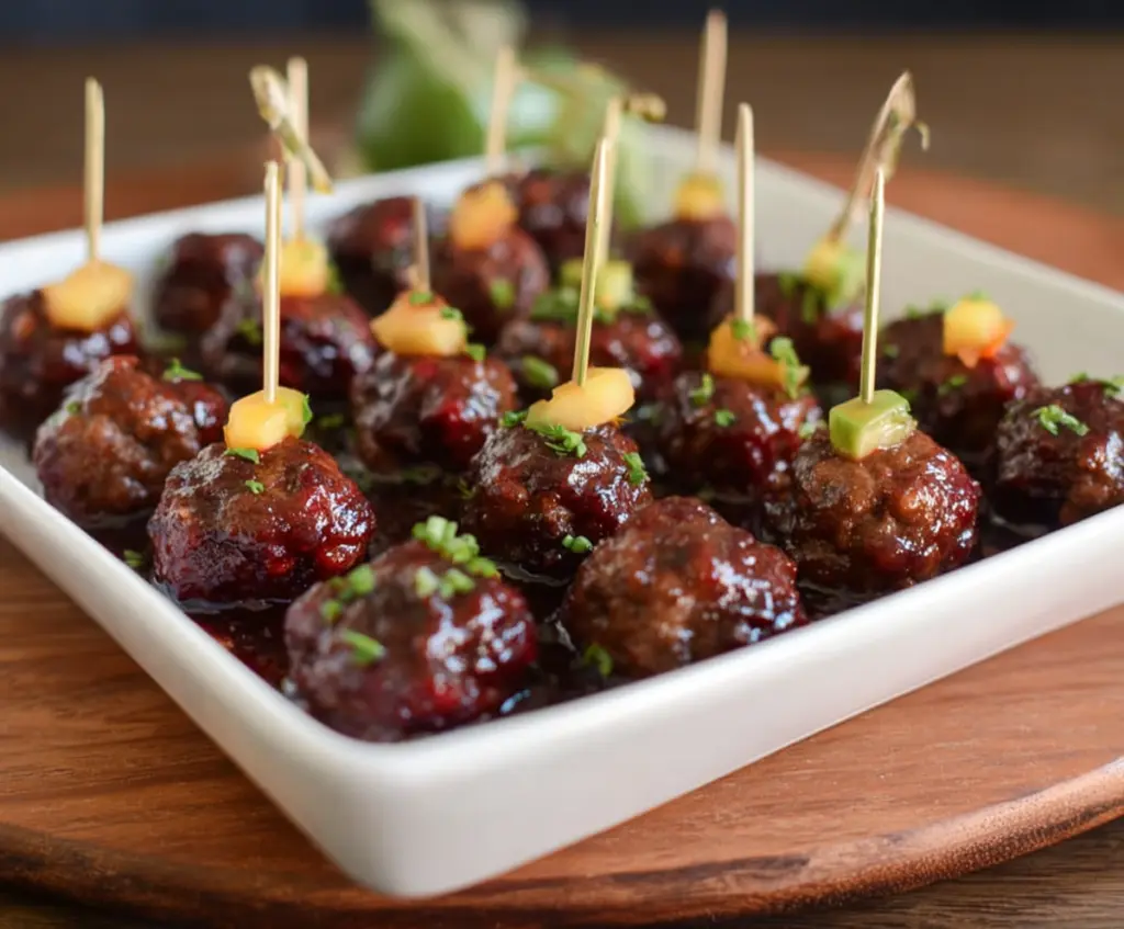 Savory cranberry chipotle cocktail meatballs served as an appetizer for parties.