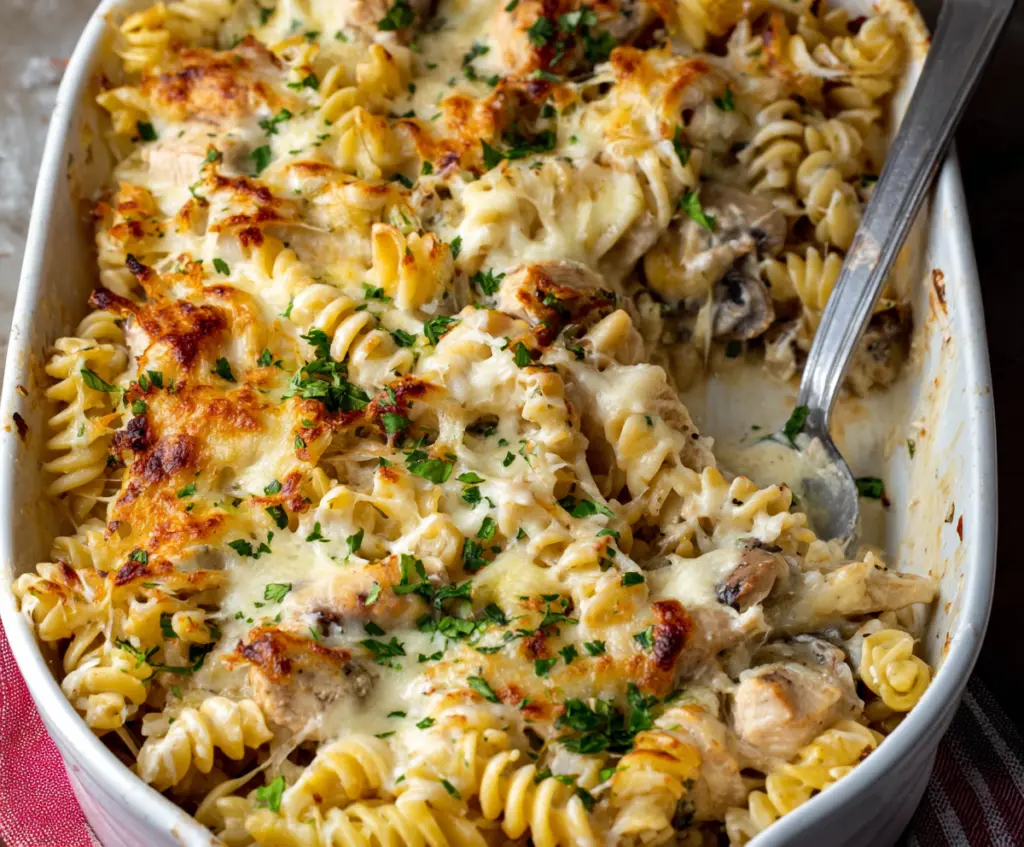 Delicious Creamy Chicken Alfredo Pasta Bake garnished with herbs on a plate.