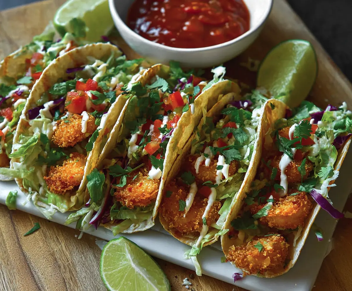 Delicious crispy coconut shrimp tacos with fresh toppings and a zesty lime wedge.