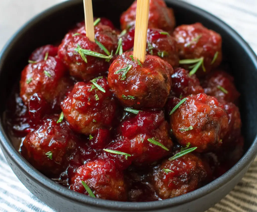 Delicious crockpot cranberry meatballs served in a bowl, perfect for holidays and gatherings.