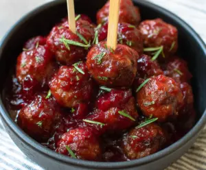 Delicious crockpot cranberry meatballs served in a bowl, perfect for holidays and gatherings.