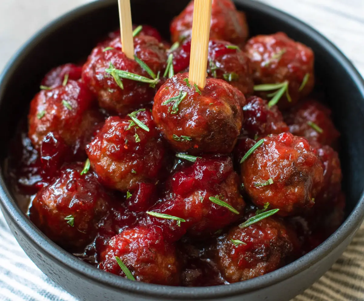 Delicious crockpot cranberry meatballs served in a bowl, perfect for holidays and gatherings.