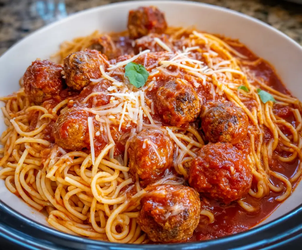 Delicious crockpot spaghetti with tender meatballs topped with fresh herbs, perfect for a comforting dinner.