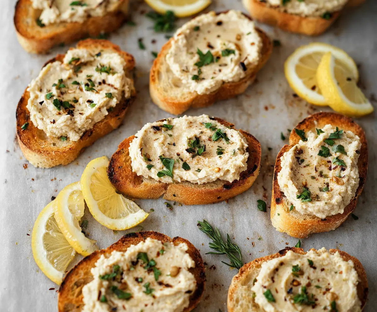 Delicious crostini topped with creamy white bean spread and fresh herbs on a rustic wooden board.
