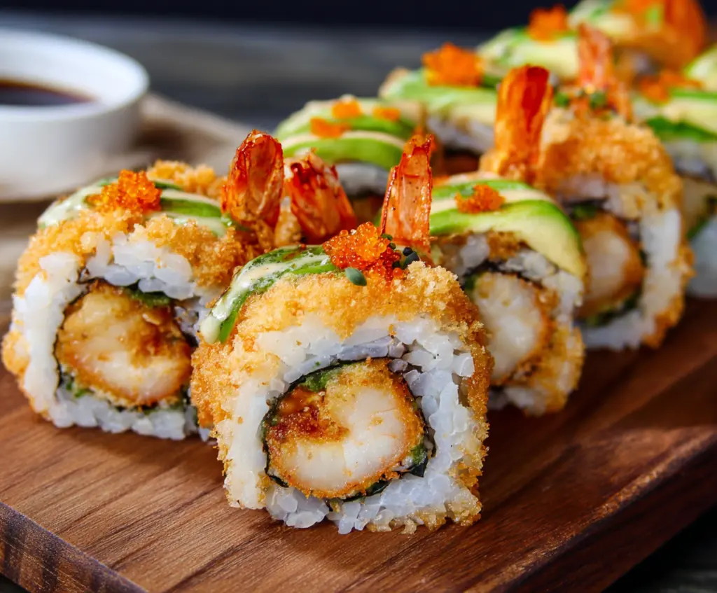 Delicious crunchy shrimp tempura sushi roll topped with fresh ingredients and served with soy sauce.