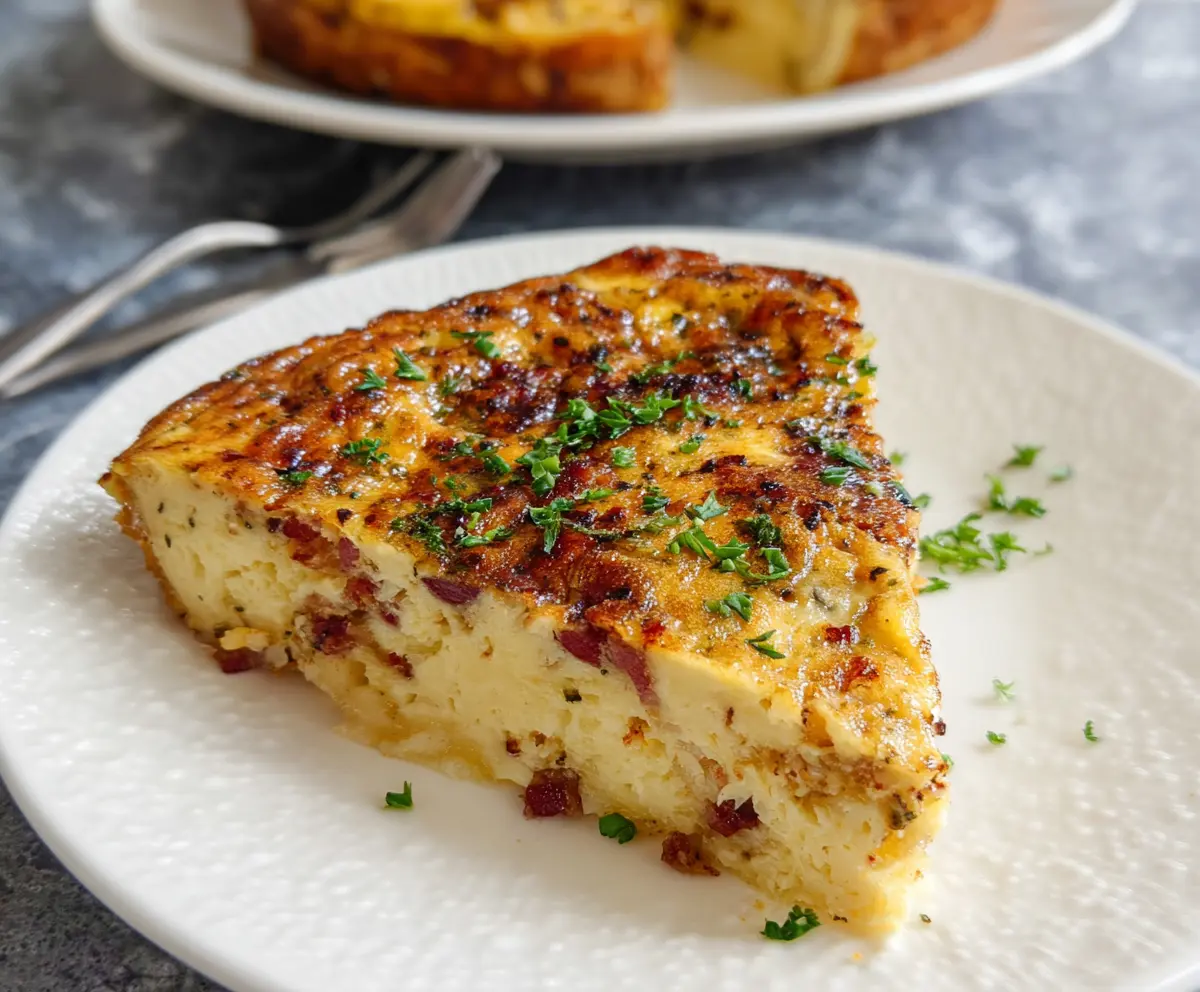 Delicious crustless bacon and cheese quiche on a plate, perfect for breakfast or brunch.
