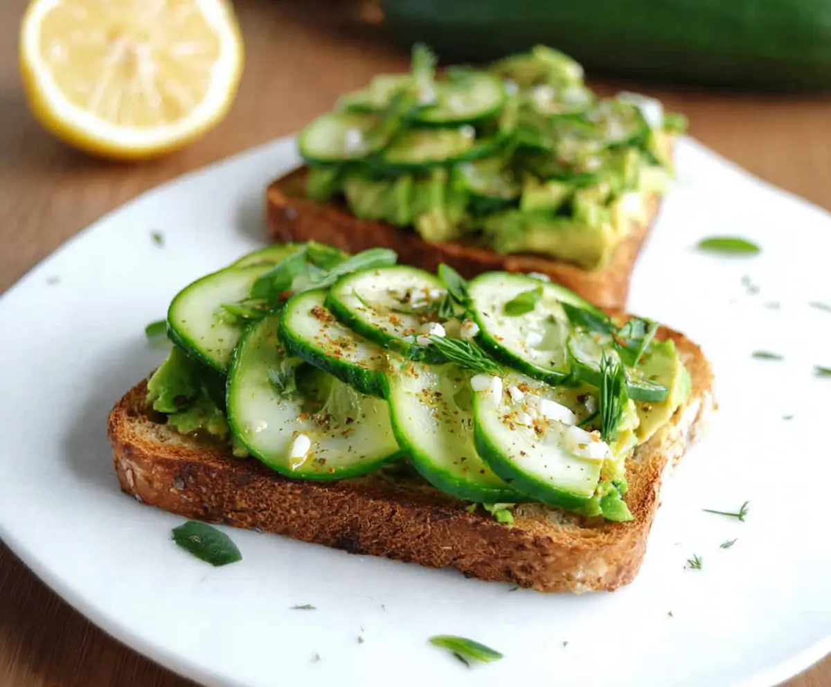 Fresh cucumber and avocado toast on whole-grain bread, perfect for a healthy breakfast or snack.