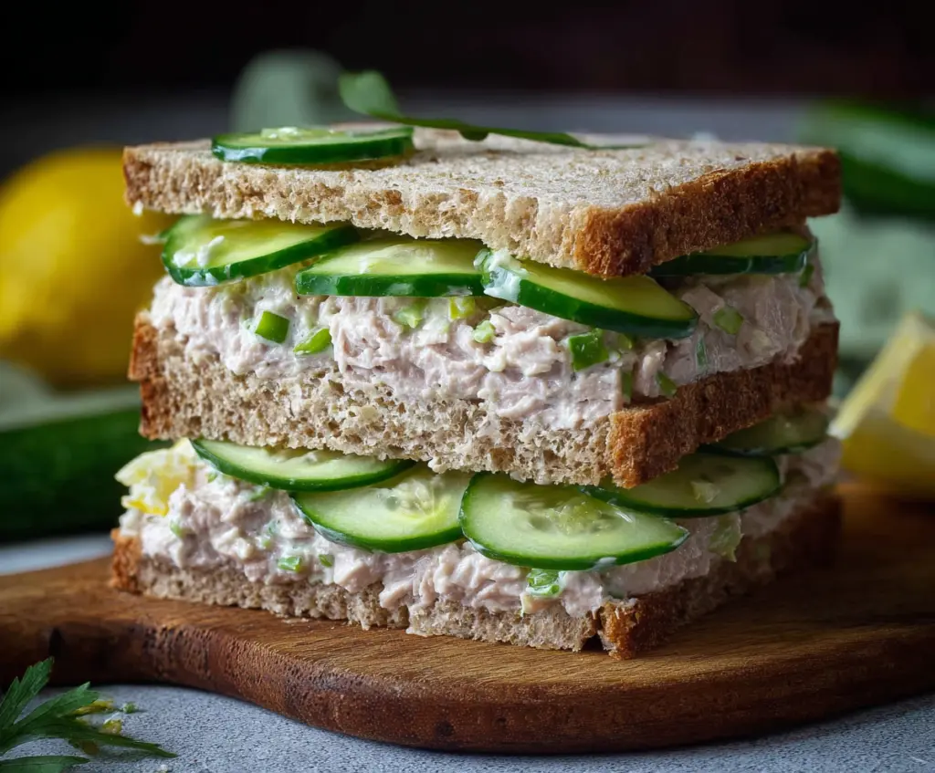 Fresh cucumber and tuna salad sandwich on whole-grain bread, healthy lunch option.