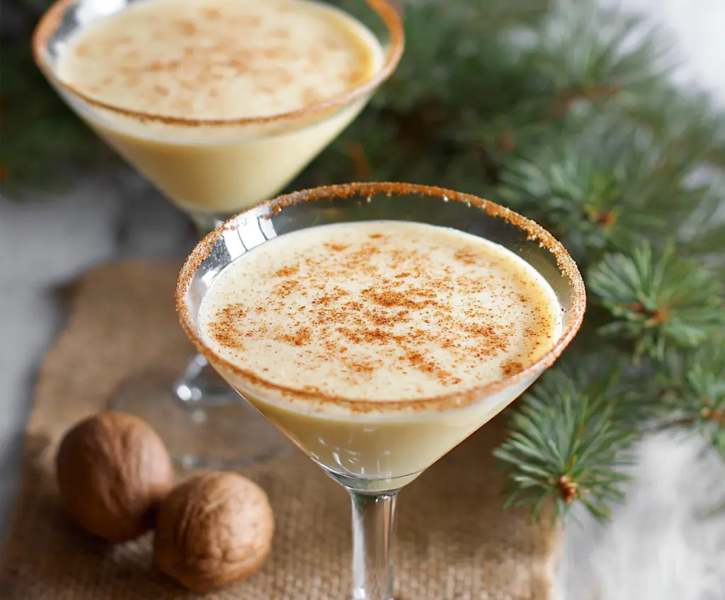 Creamy Eggnog Martini cocktail garnished with cinnamon in a elegant glass for holiday celebration.