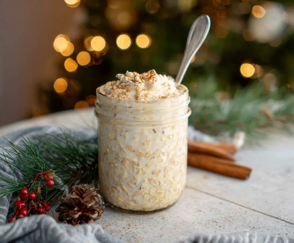Creamy eggnog overnight oats topped with nutmeg and cinnamon for a festive breakfast