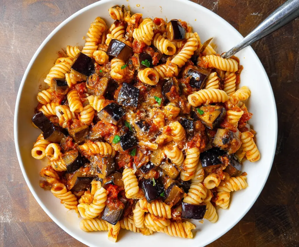 Delicious eggplant pasta dish with fresh herbs and rich tomato sauce.