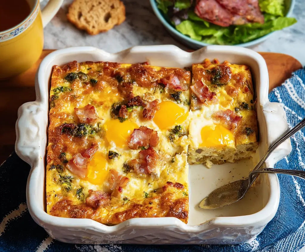 Hearty Farmer's Breakfast Casserole with eggs, cheese, bacon, and vegetables in a baking dish.