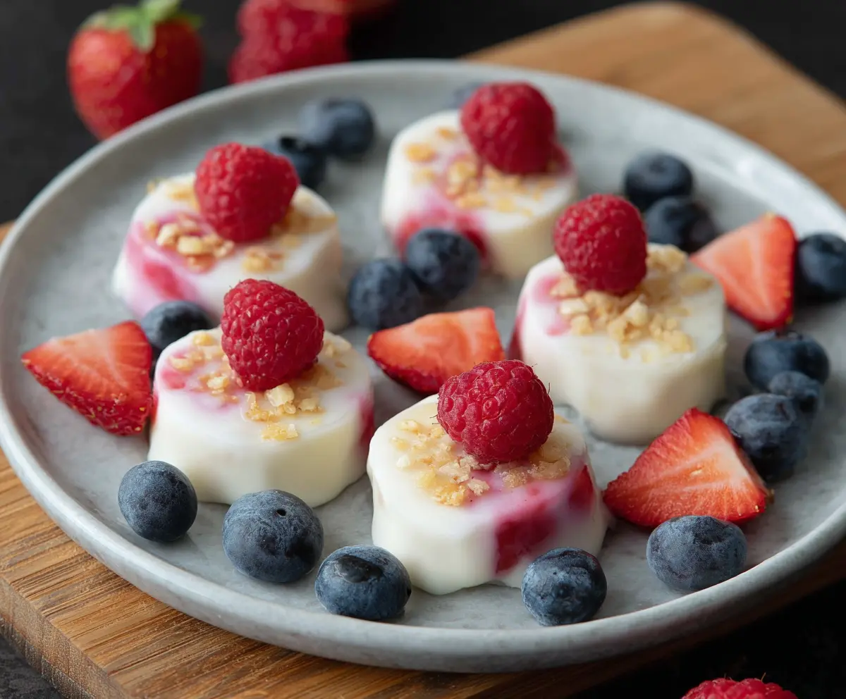 Delicious homemade frozen yogurt bites served on a plate, perfect for a healthy snack or dessert.