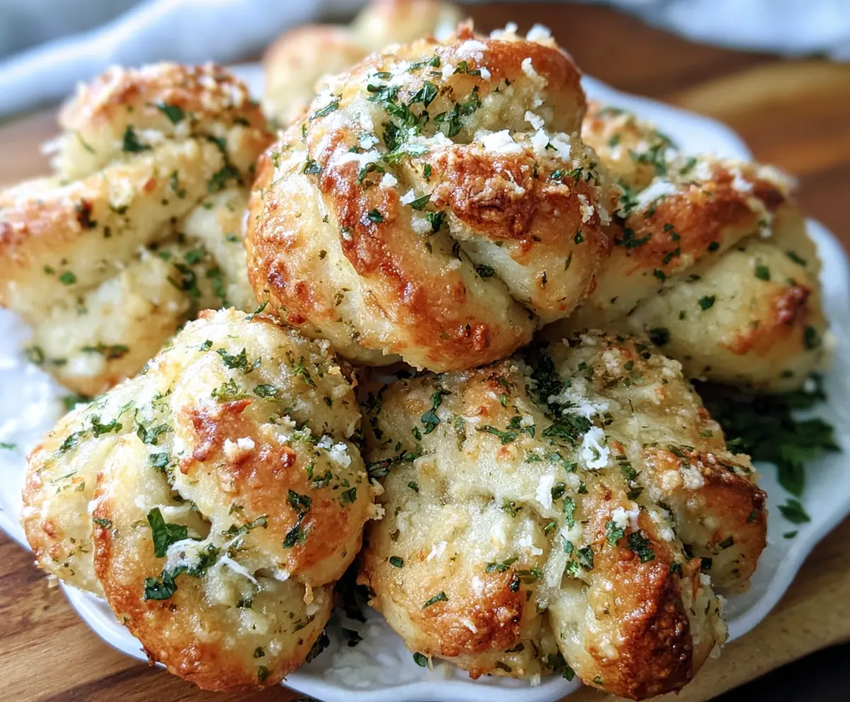 Freshly baked garlic Parmesan knots on a wooden board, showcasing golden-brown, cheesy, and garlicky bread twists.