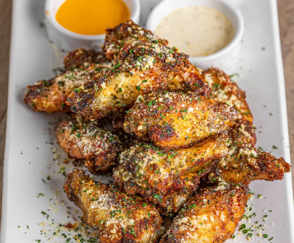 Juicy garlic Parmesan wings served on a platter with fresh herbs
