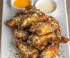 Juicy garlic Parmesan wings served on a platter with fresh herbs