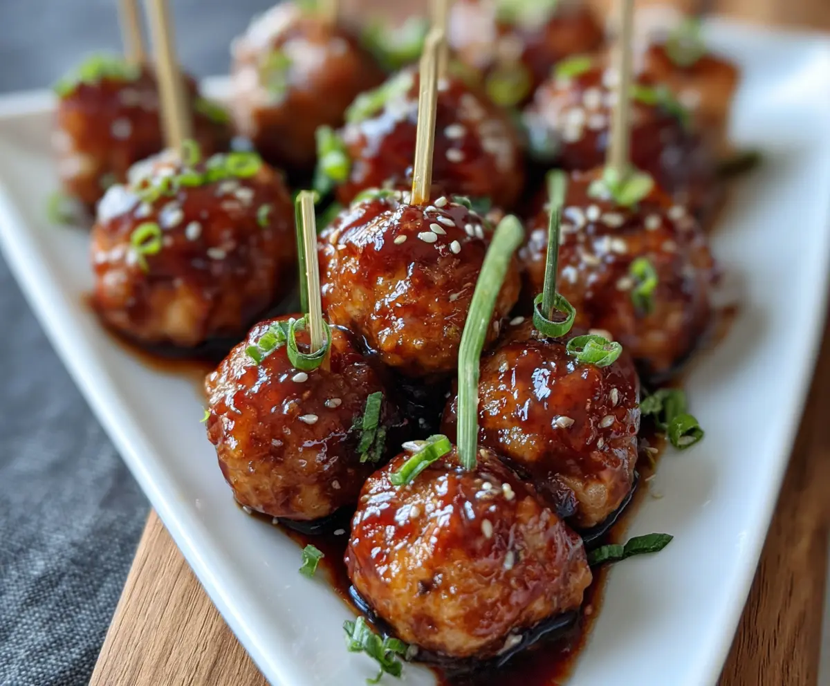 Delicious ginger glazed turkey meatball bites garnished with fresh herbs on a white plate.