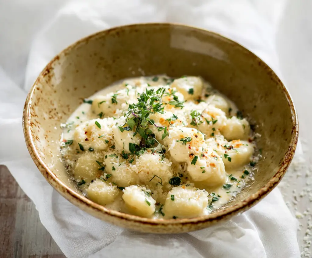 Creamy Gnocchi Alfredo dish garnished with parsley on a white plate