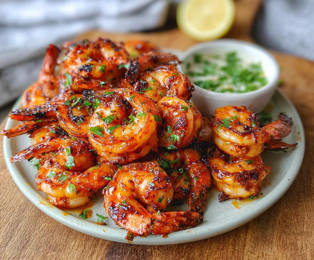 Delicious grilled spicy shrimp served on a plate with lemon wedges