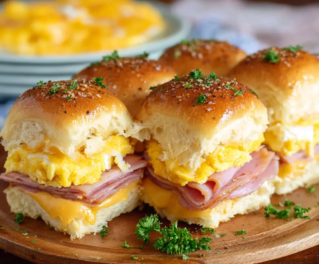 Delicious ham and cheese breakfast sliders with melted cheese and fresh bread.