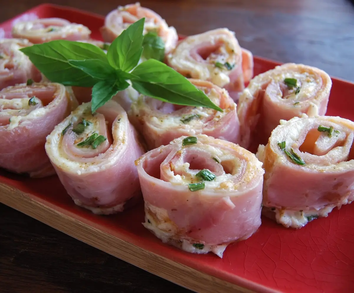 Delicious ham roll ups filled with cheese and herbs, perfect as a party appetizer.
