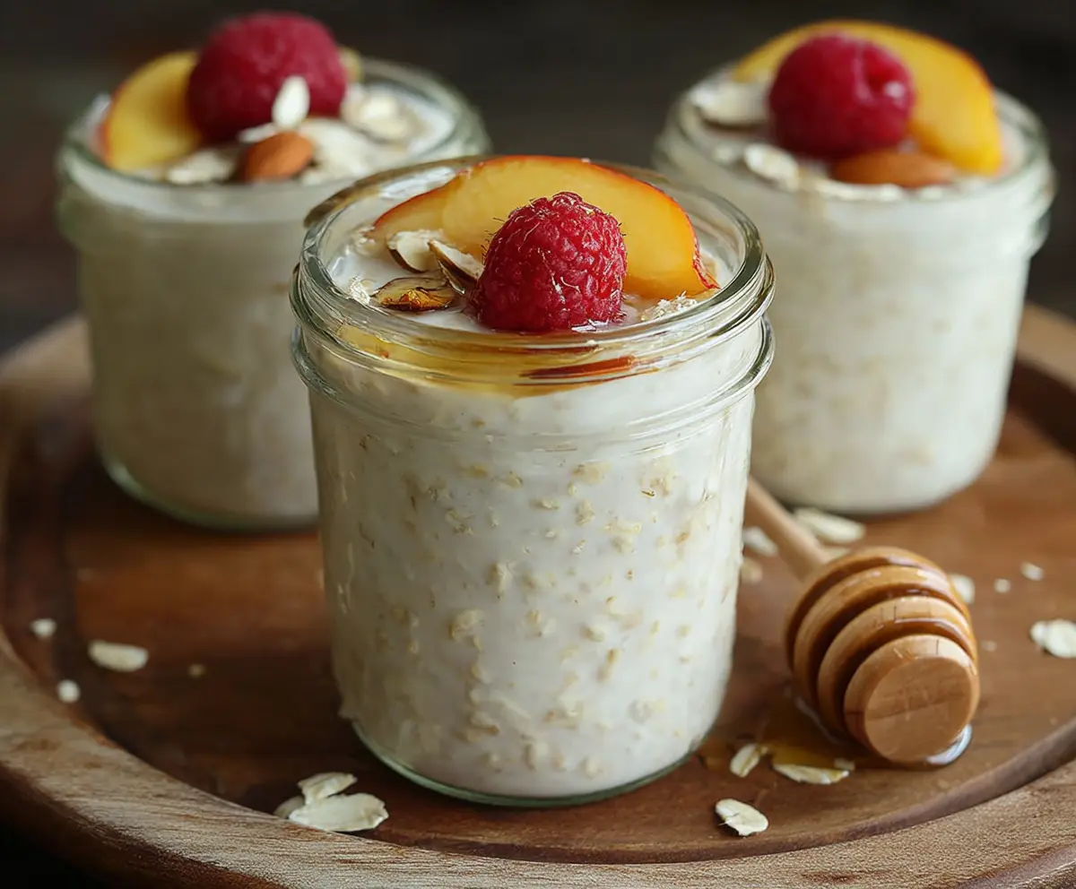 Delicious honey vanilla overnight oats in a glass jar with fresh fruit toppings.