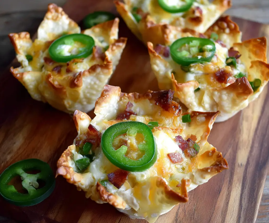 Close-up of crispy Jalapeno Popper Wonton Cups filled with creamy cheese and sliced jalapenos.