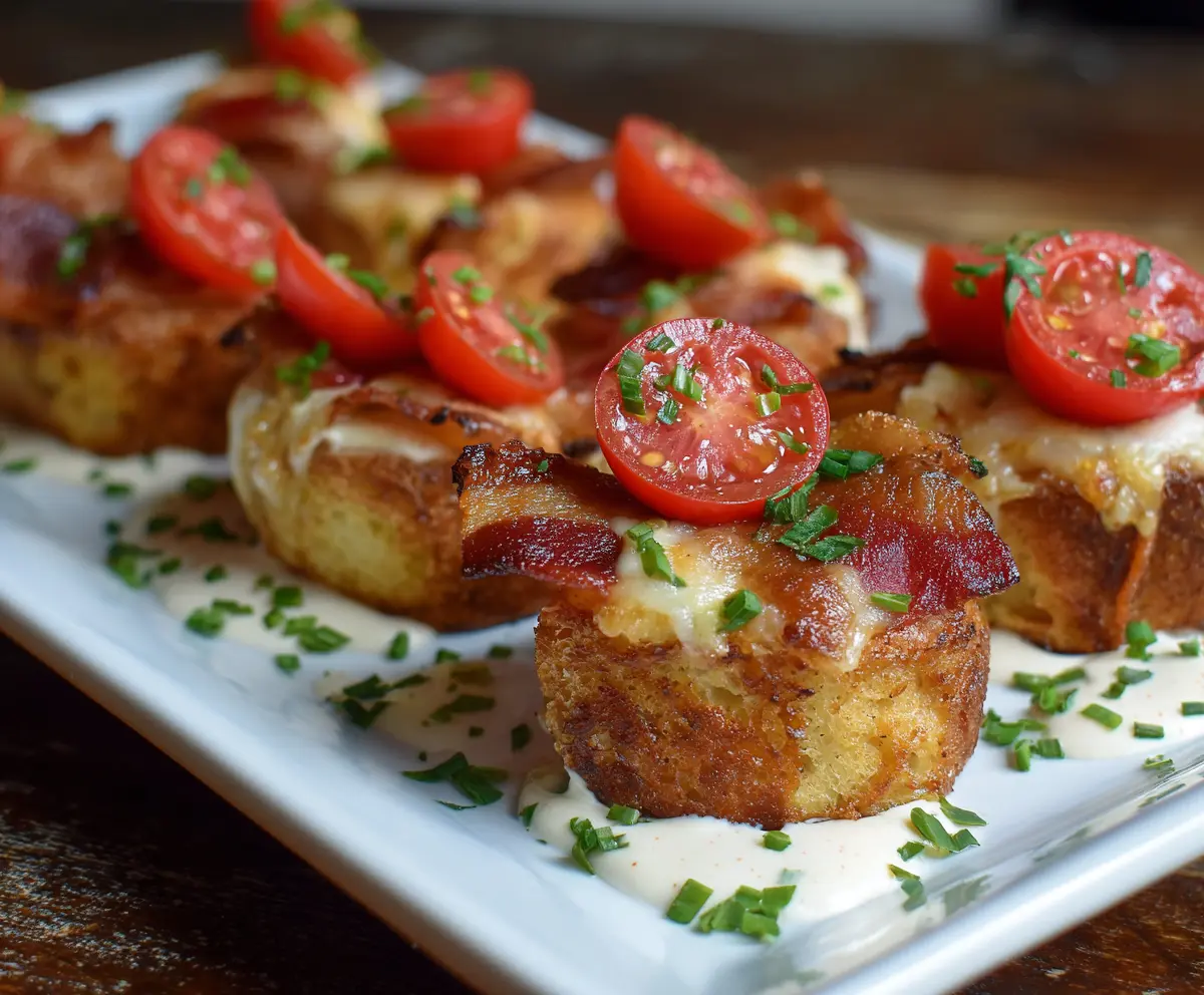 Delicious Kentucky Hot Brown Bites featuring toasted bread, turkey, and creamy cheese sauce, perfect for snacking.