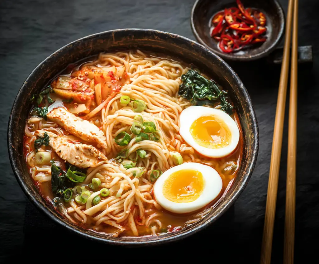 Delicious Korean ramen noodles with flavorful broth, vegetables, and sliced meat in a bowl.
