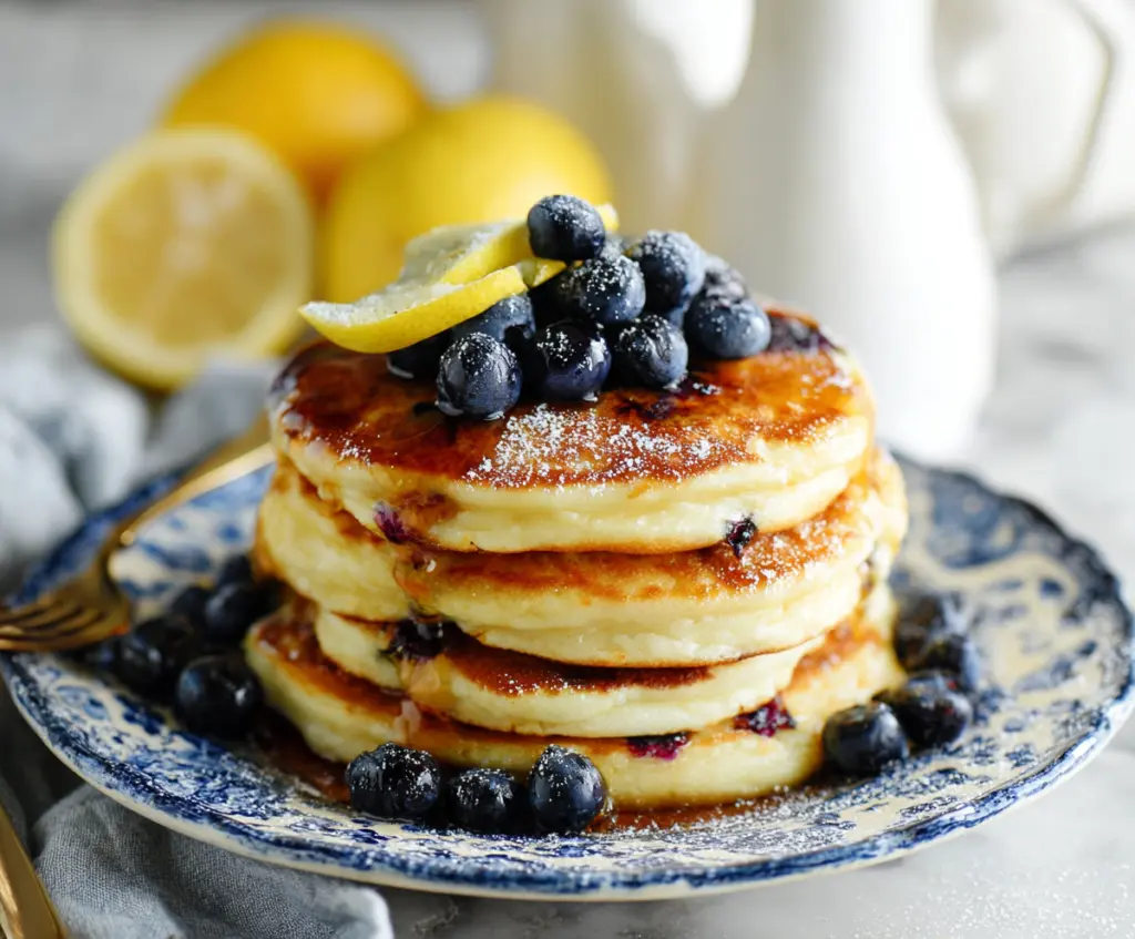 Delicious Lemon Blueberry Pancakes topped with fresh blueberries and lemon zest for a bright breakfast treat.