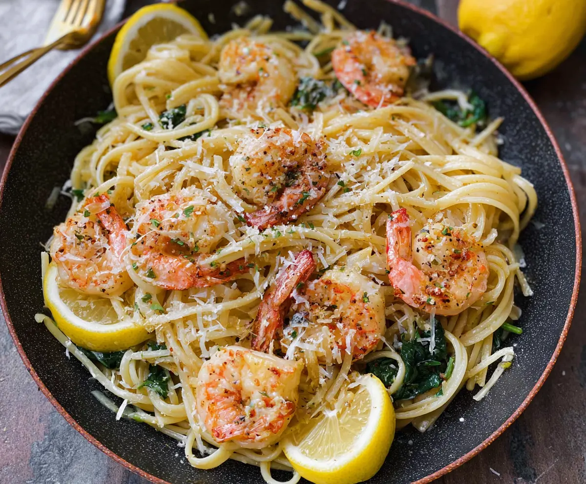 Delicious Lemon Garlic Parmesan Shrimp Pasta served on a plate, garnished with fresh herbs and lemon slices.