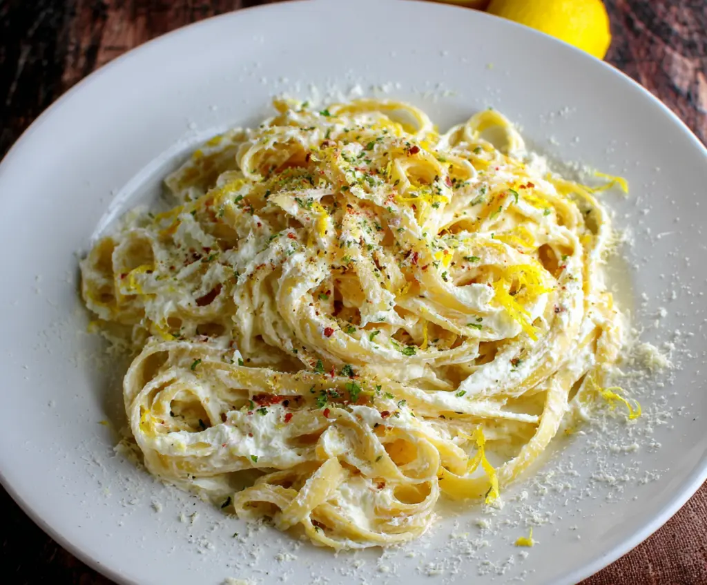 Creamy Lemon Ricotta Pasta served with fresh herbs and a slice of lemon for a bright, flavorful meal.