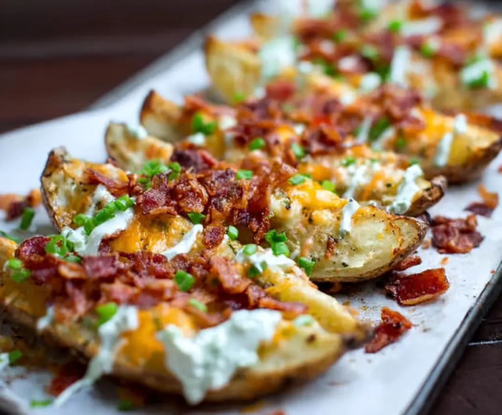 Crunchy loaded baked potato wedges topped with cheese, bacon, and green onions on a white plate.