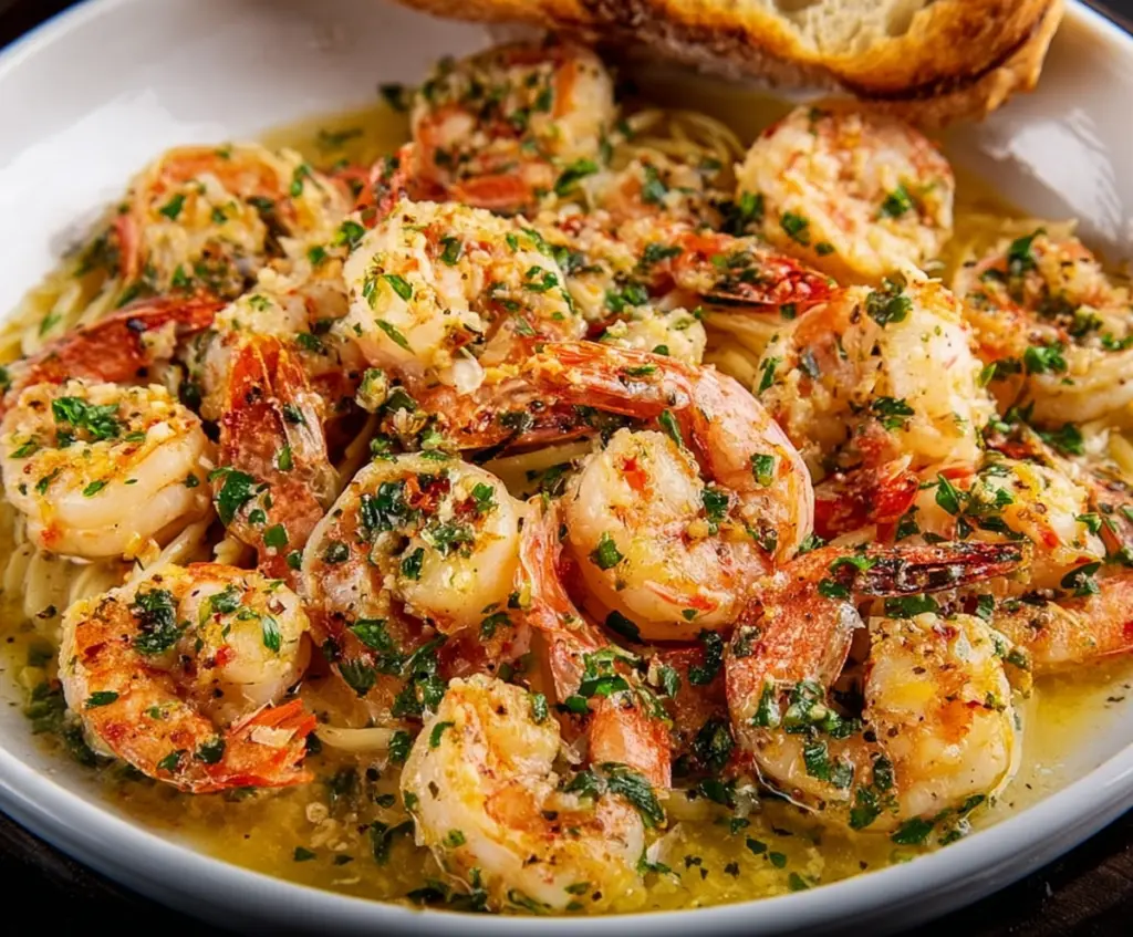 Delicious Lobster Shrimp Scampi served on a elegant plate with fresh herbs.