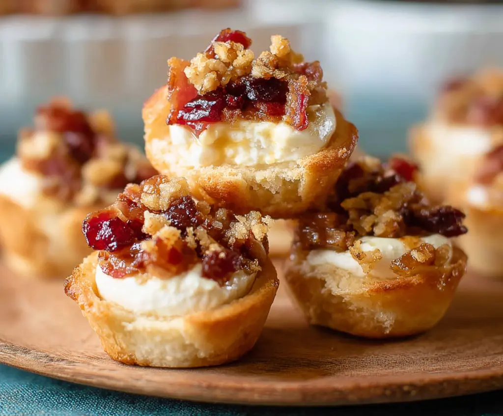 Delicious Maple Bacon Brie Bites served on a white platter, garnished with fresh herbs