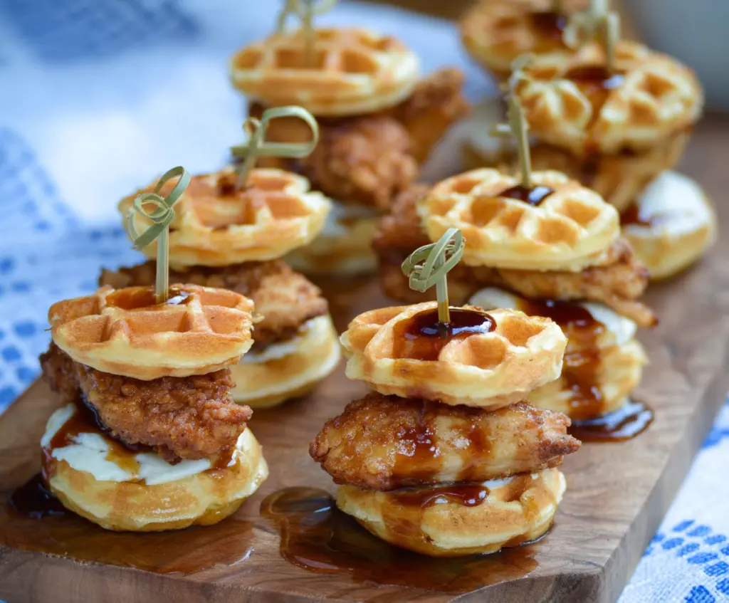 Delicious mini chicken and waffle sliders served on a platter, perfect for brunch or parties.