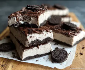 Delicious no bake Oreo protein bars on a plate, perfect for a healthy snack