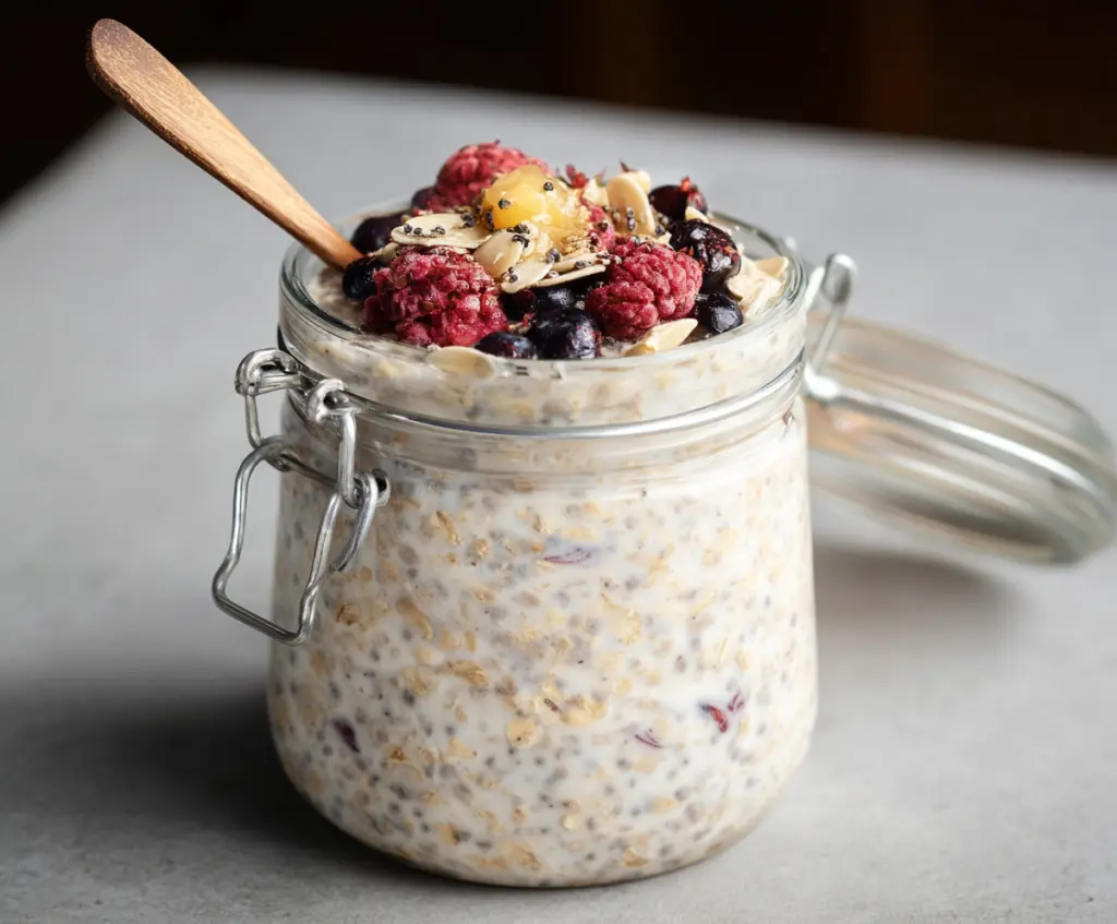 Healthy oat milk overnight oats in a glass jar with fresh fruit topping.