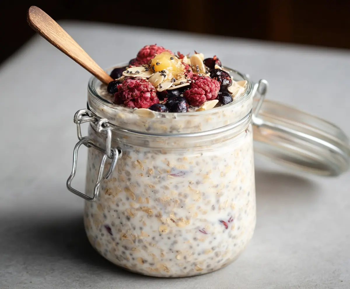 Healthy oat milk overnight oats in a glass jar with fresh fruit topping.
