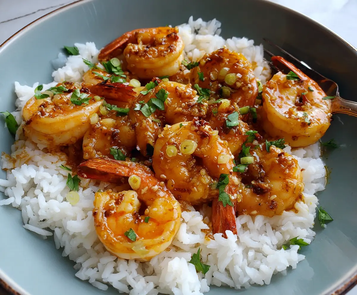 Juicy orange honey garlic shrimp served on a plate with fresh lemon slices.