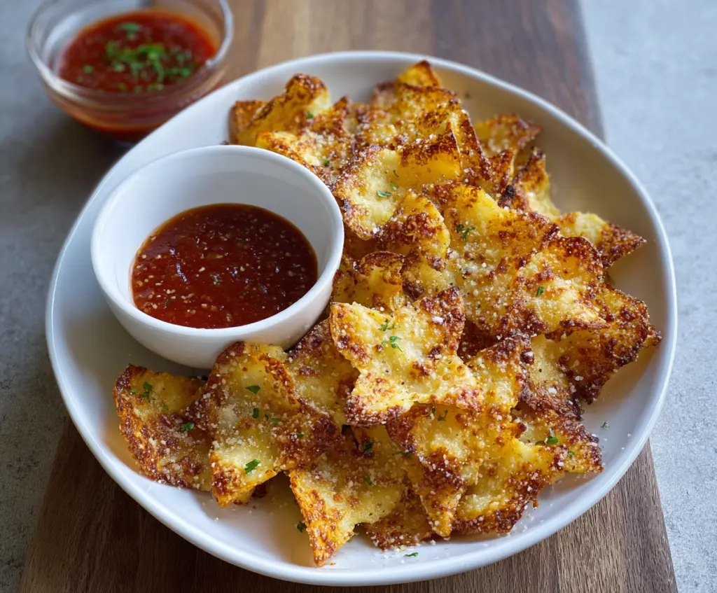 Delicious oven-baked cheesy pasta chips with melted cheese and crispy edges